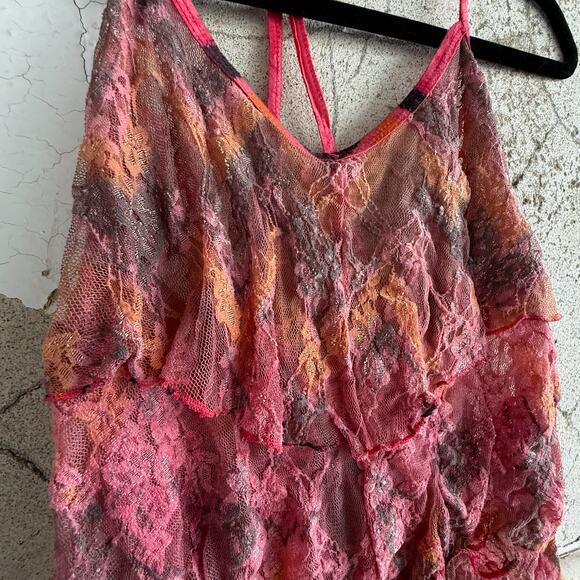 Y2K Lace Ruffle Tank Top Pink Orange Brown Sheer Festival Size S - Picture 3 of 5
